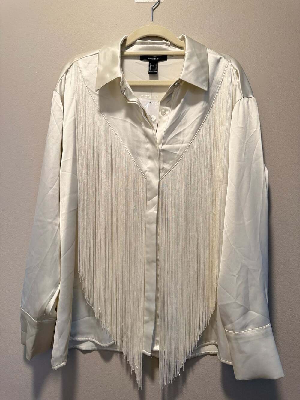 Forever 21 Western Fringe Satin Shirt Size M White Long Sleeve Blouse